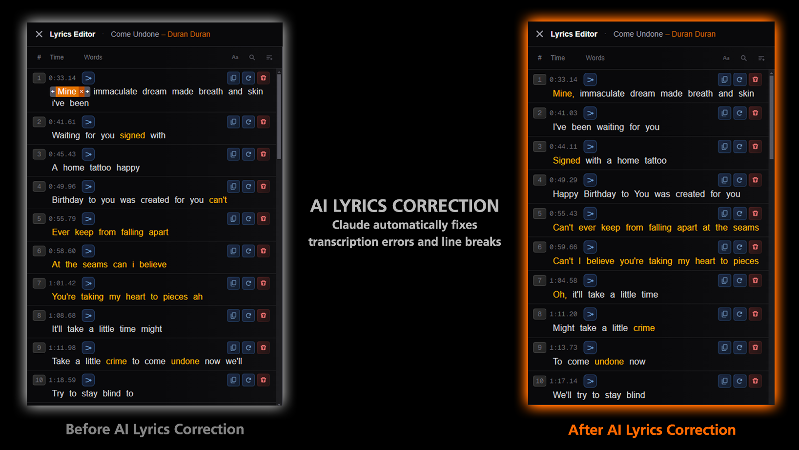 Before and after AI lyric correction in KaraokeSmith