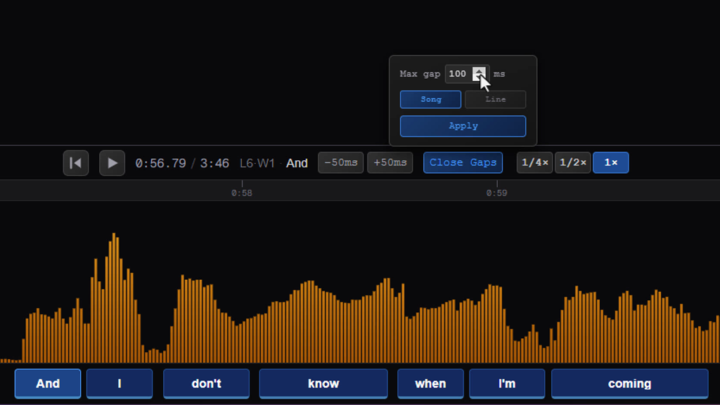 Close gaps feature in the KaraokeSmith lyric editor
