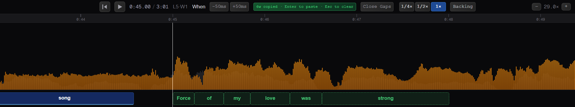 Copy and paste with ghost preview in the KaraokeSmith lyric editor