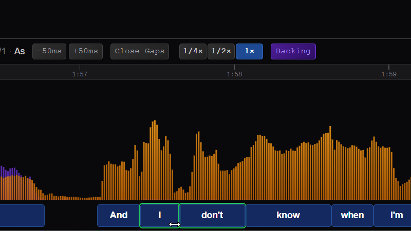 Resizing word timing by dragging edges in the KaraokeSmith lyric editor