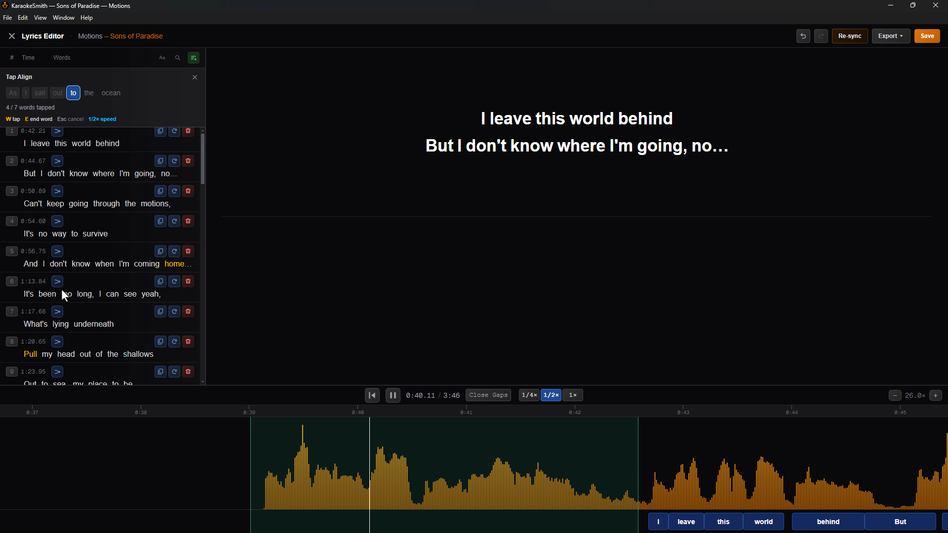 Tap-to-align feature in the KaraokeSmith lyric editor