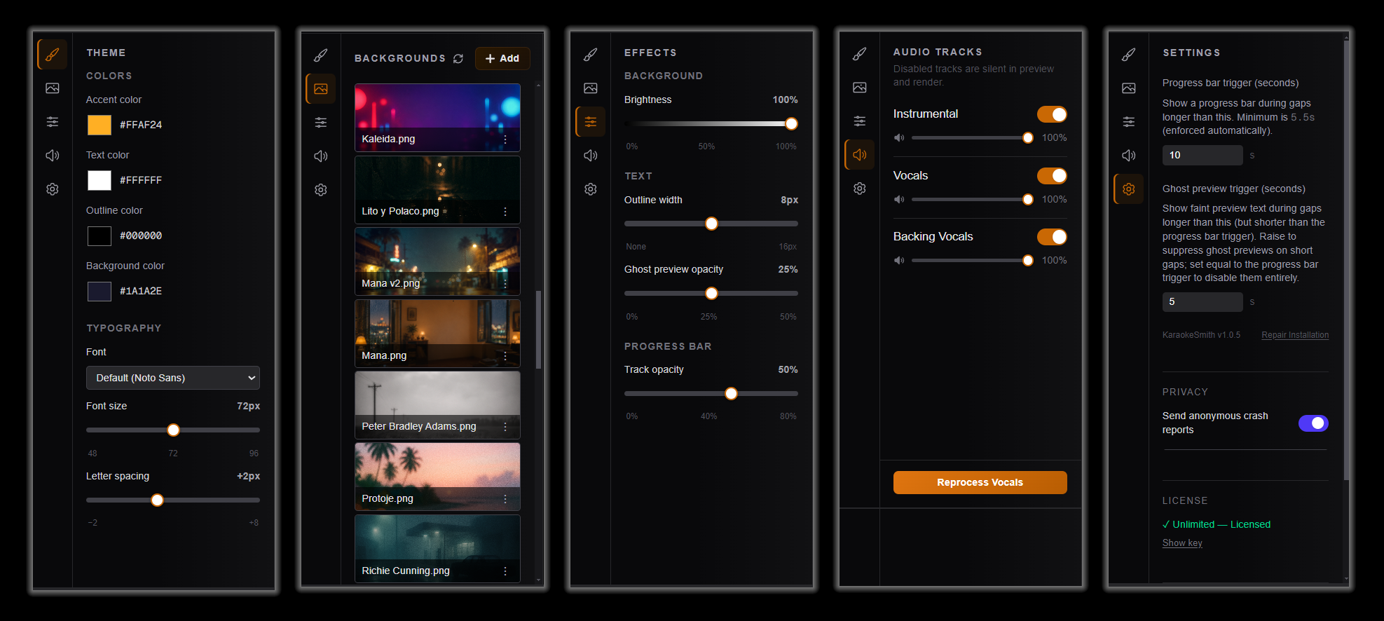 KaraokeSmith editor settings panels – theme, backgrounds, effects, audio tracks, and app settings