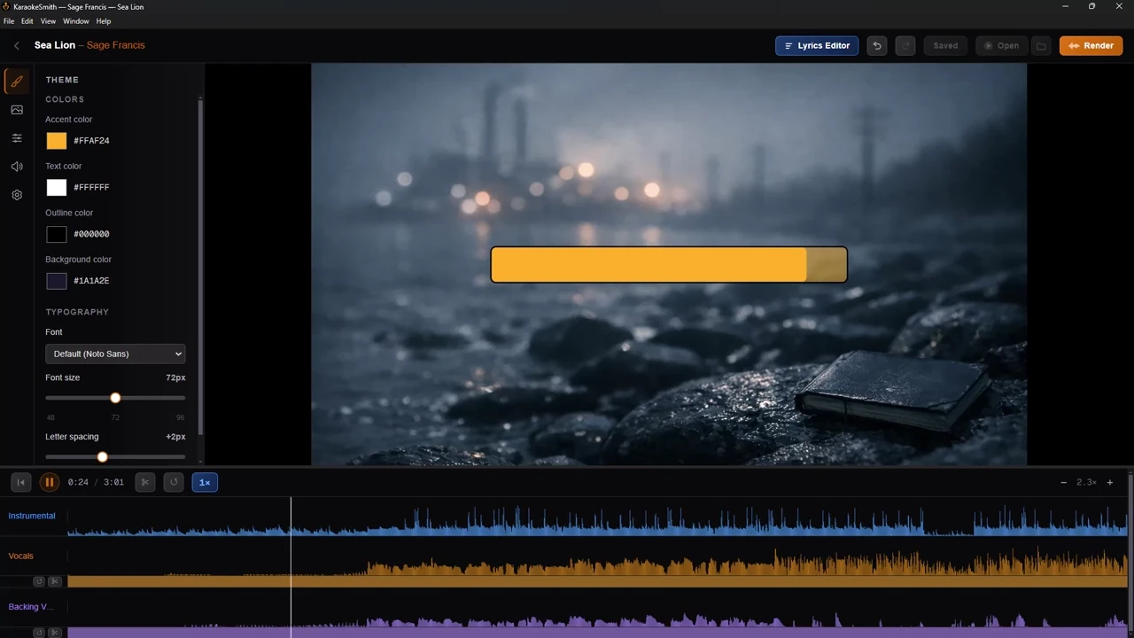 KaraokeSmith main editor – word-level timing, waveform sync, and lyric editing