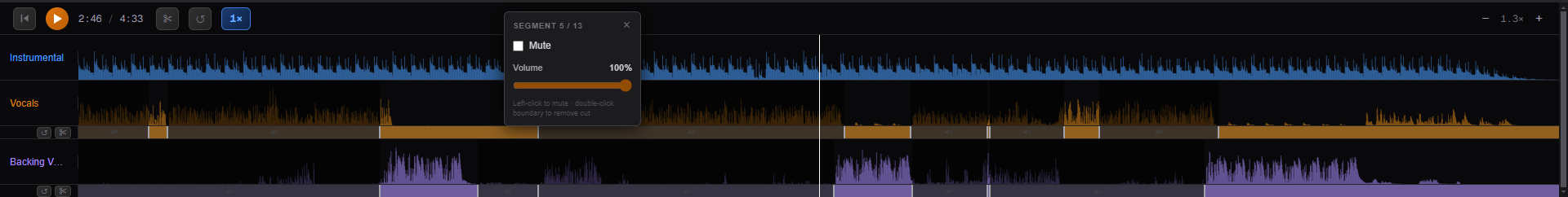 KaraokeSmith timeline mute bar – vocal segment waveform with per-segment mute controls