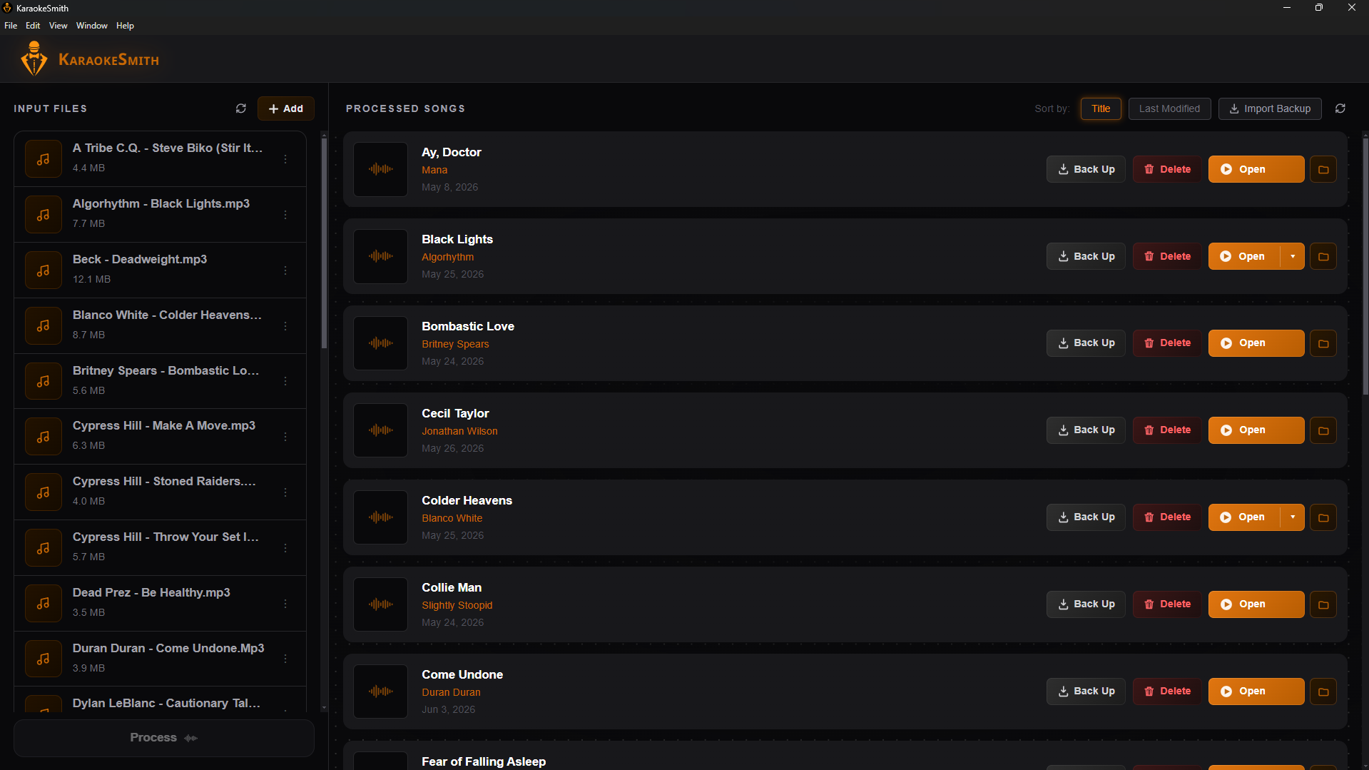 KaraokeSmith project manager – import audio files, manage projects, and create backups